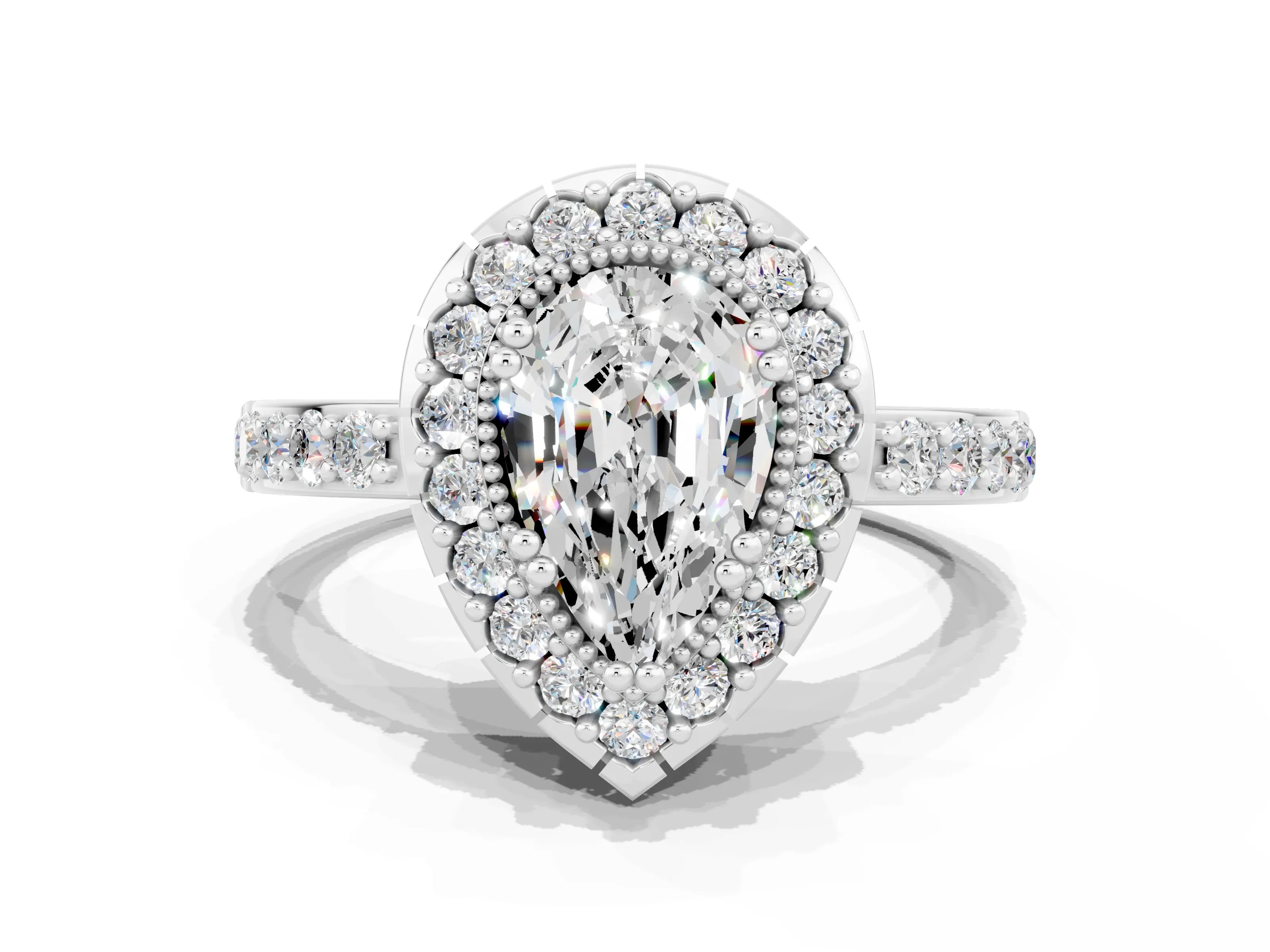 White gold Pear Cut Moissanite Halo Ring with Pavé Band and Prong Setting