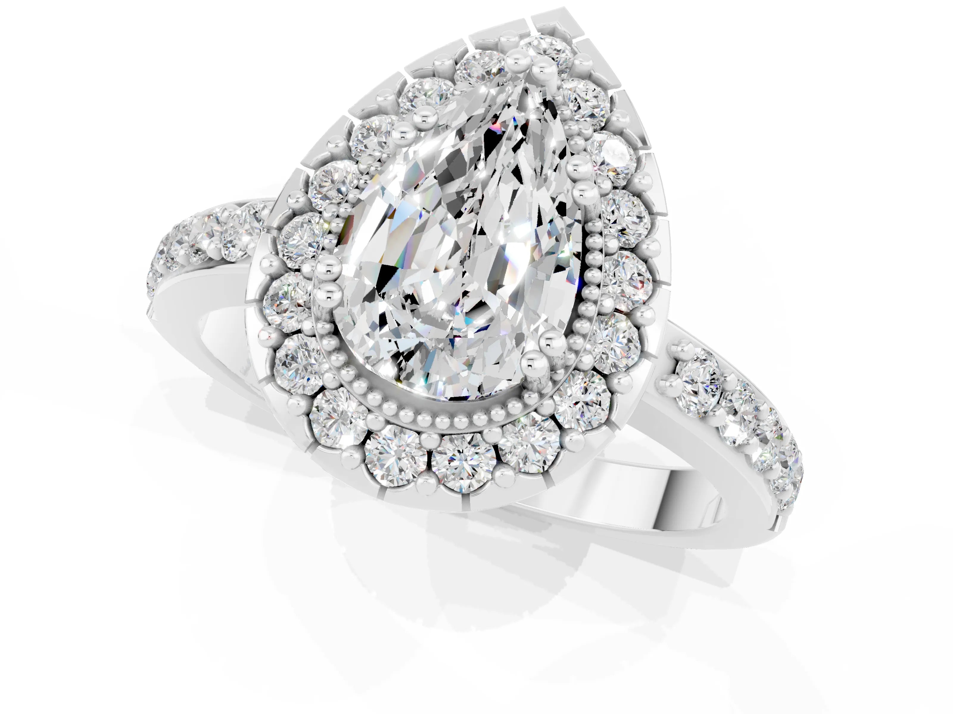White gold Pear Cut Moissanite Halo Ring with Pavé Band and Prong Setting_1