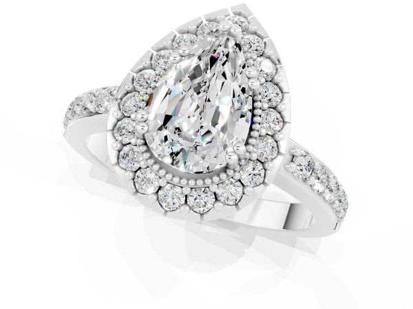 Silver Pear Cut Moissanite Halo Ring with Pavé Band and Prong Setting