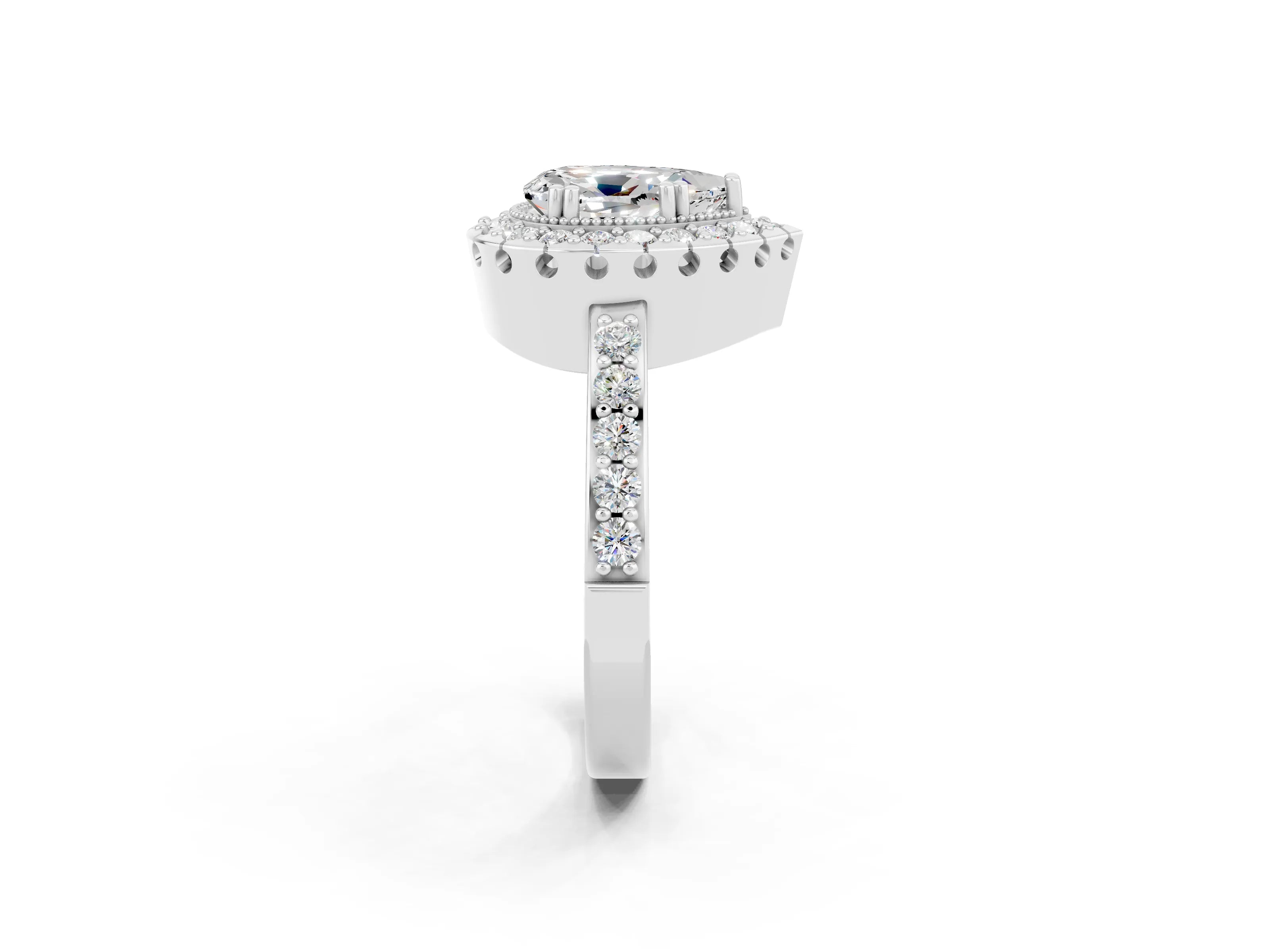 White gold Pear Cut Moissanite Halo Ring with Pavé Band and Prong Setting_2