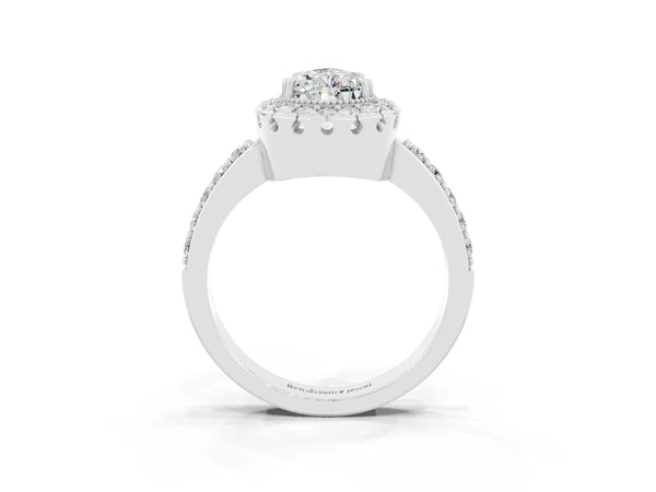 Silver Pear Cut Moissanite Halo Ring with Pavé Band and Prong Setting