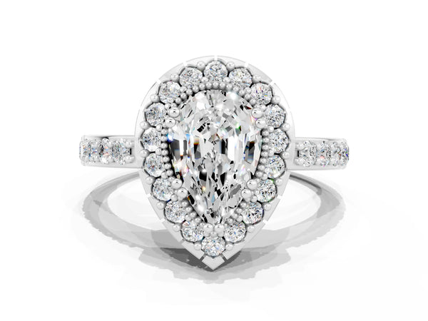 White gold Pear Cut Moissanite Halo Ring with Pavé Band and Prong Setting