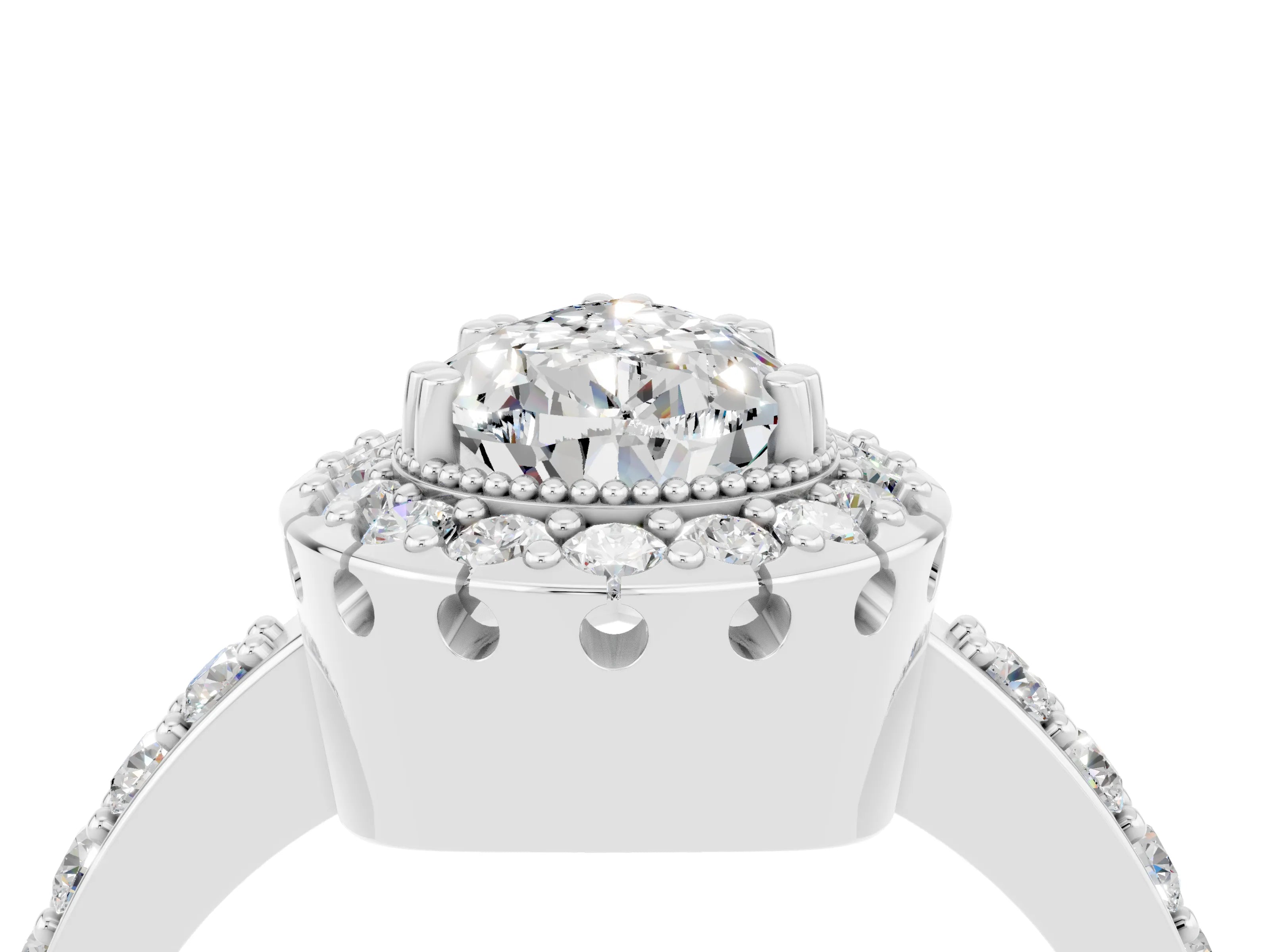 White gold Pear Cut Moissanite Halo Ring with Pavé Band and Prong Setting_4