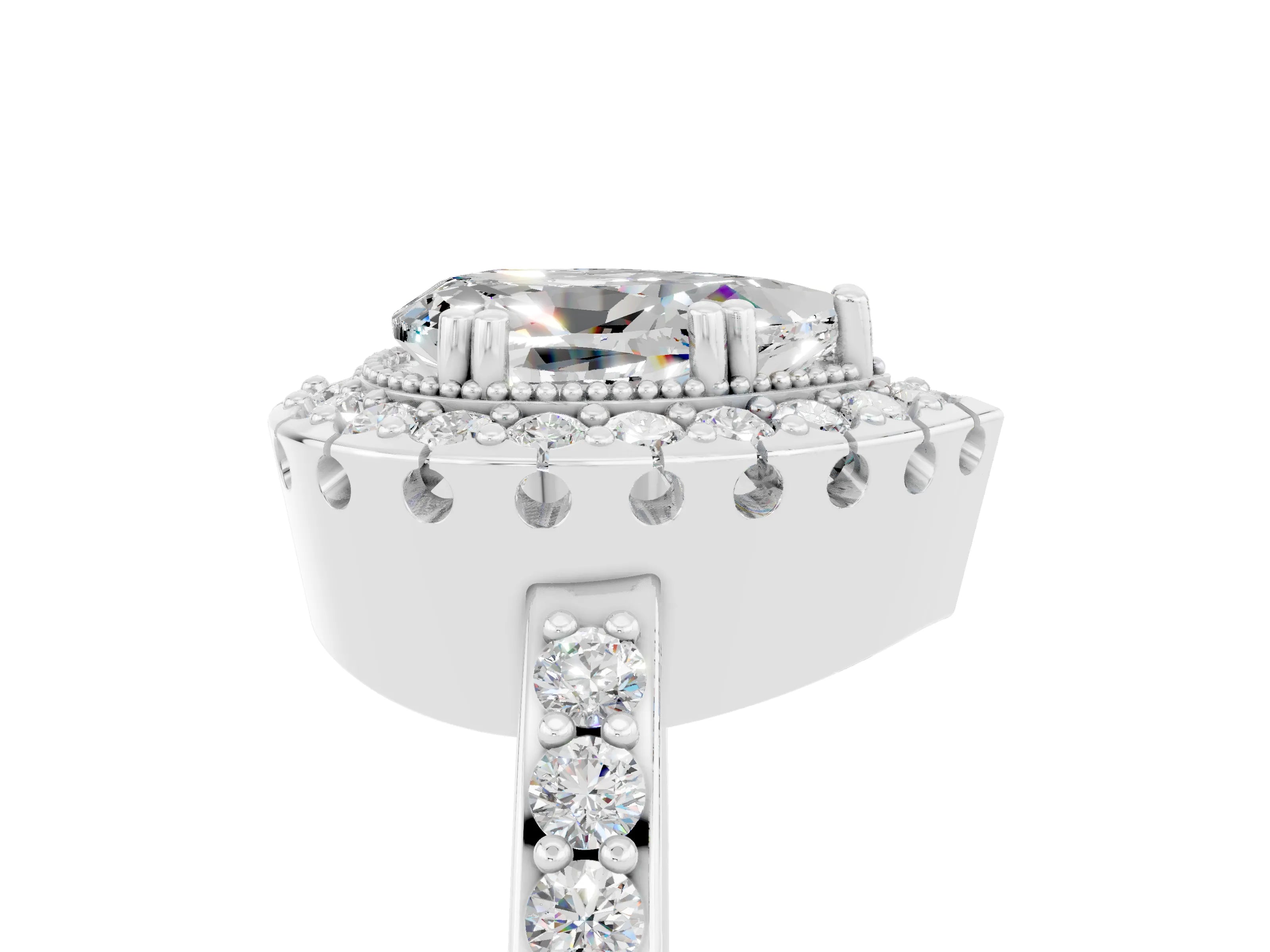 White gold Pear Cut Moissanite Halo Ring with Pavé Band and Prong Setting_5