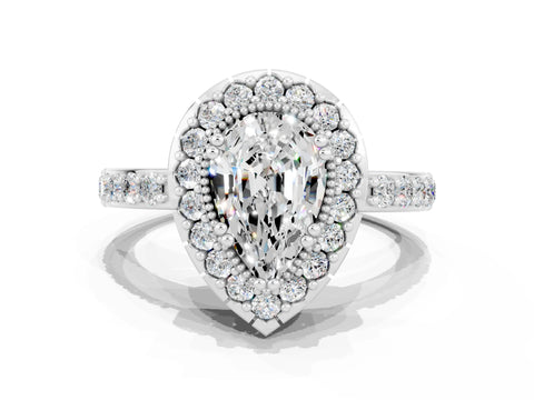 White gold Pear Cut Moissanite Halo Ring with Pavé Band and Prong Setting