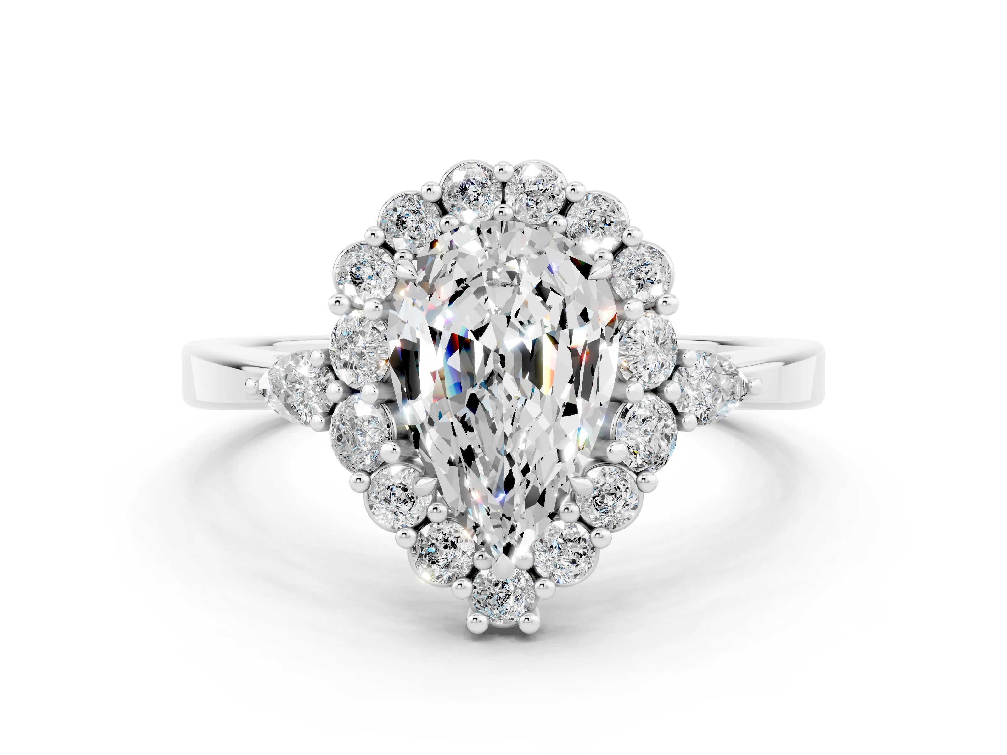 White gold Pear Cut Moissanite Halo Ring with Pear Side Stones and Prong Setting_12