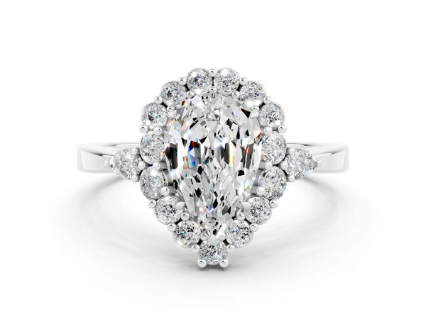 Silver Pear Cut Moissanite Halo Ring with Pear Side Stones and Prong Setting
