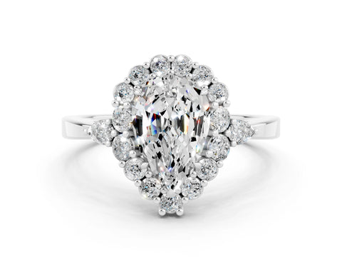 White gold Pear Cut Moissanite Halo Ring with Pear Side Stones and Prong Setting_12