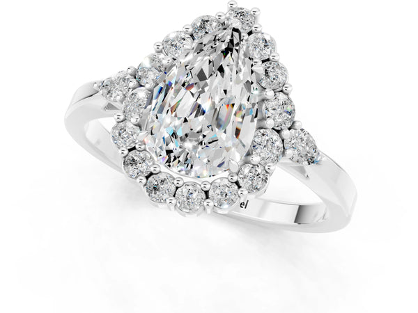 Silver Pear Cut Moissanite Halo Ring with Pear Side Stones and Prong Setting