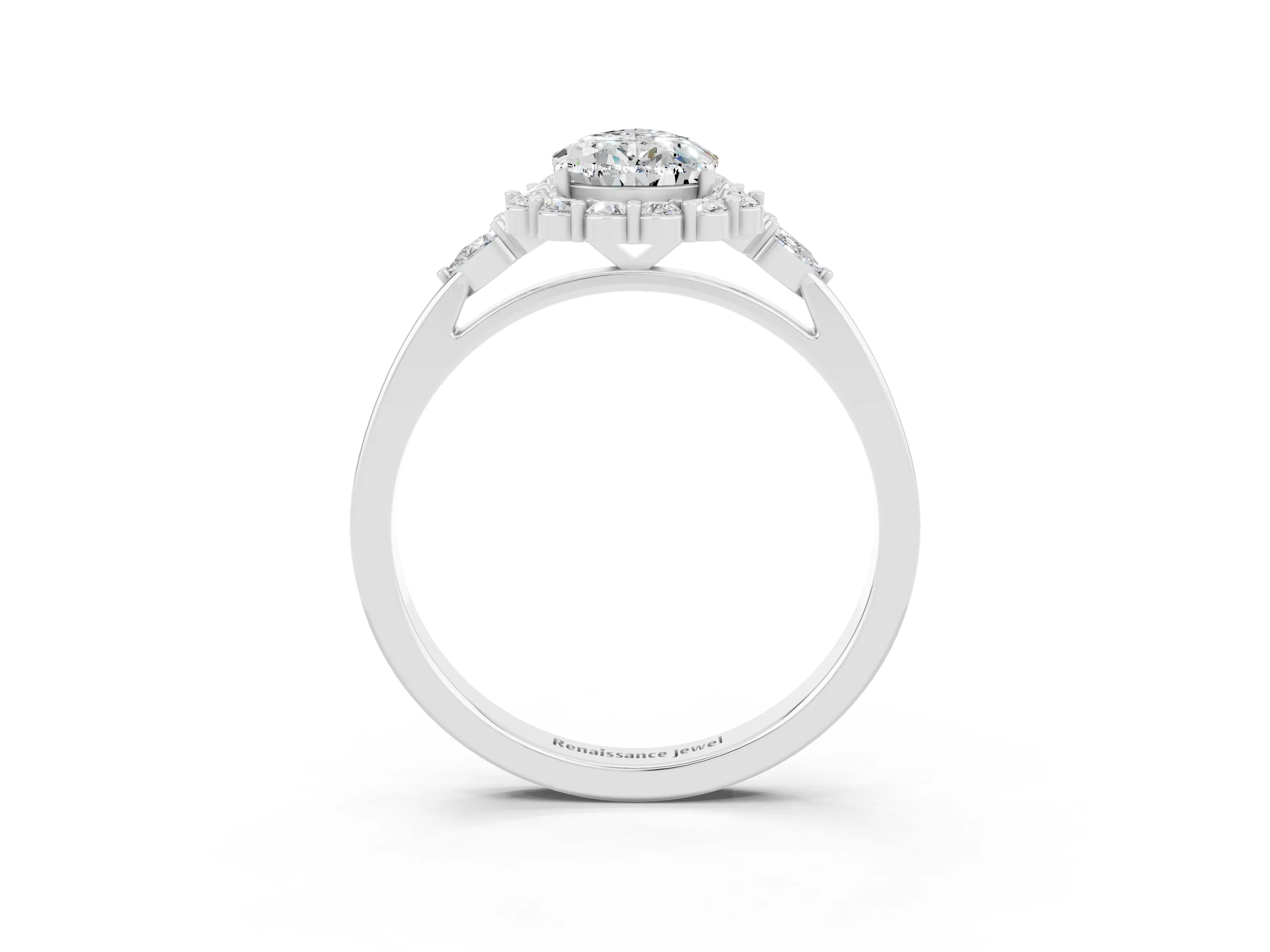 White gold Pear Cut Moissanite Halo Ring with Pear Side Stones and Prong Setting_15