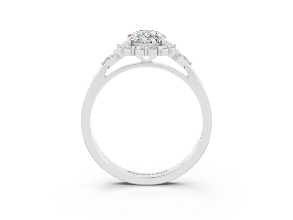 Silver Pear Cut Moissanite Halo Ring with Pear Side Stones and Prong Setting