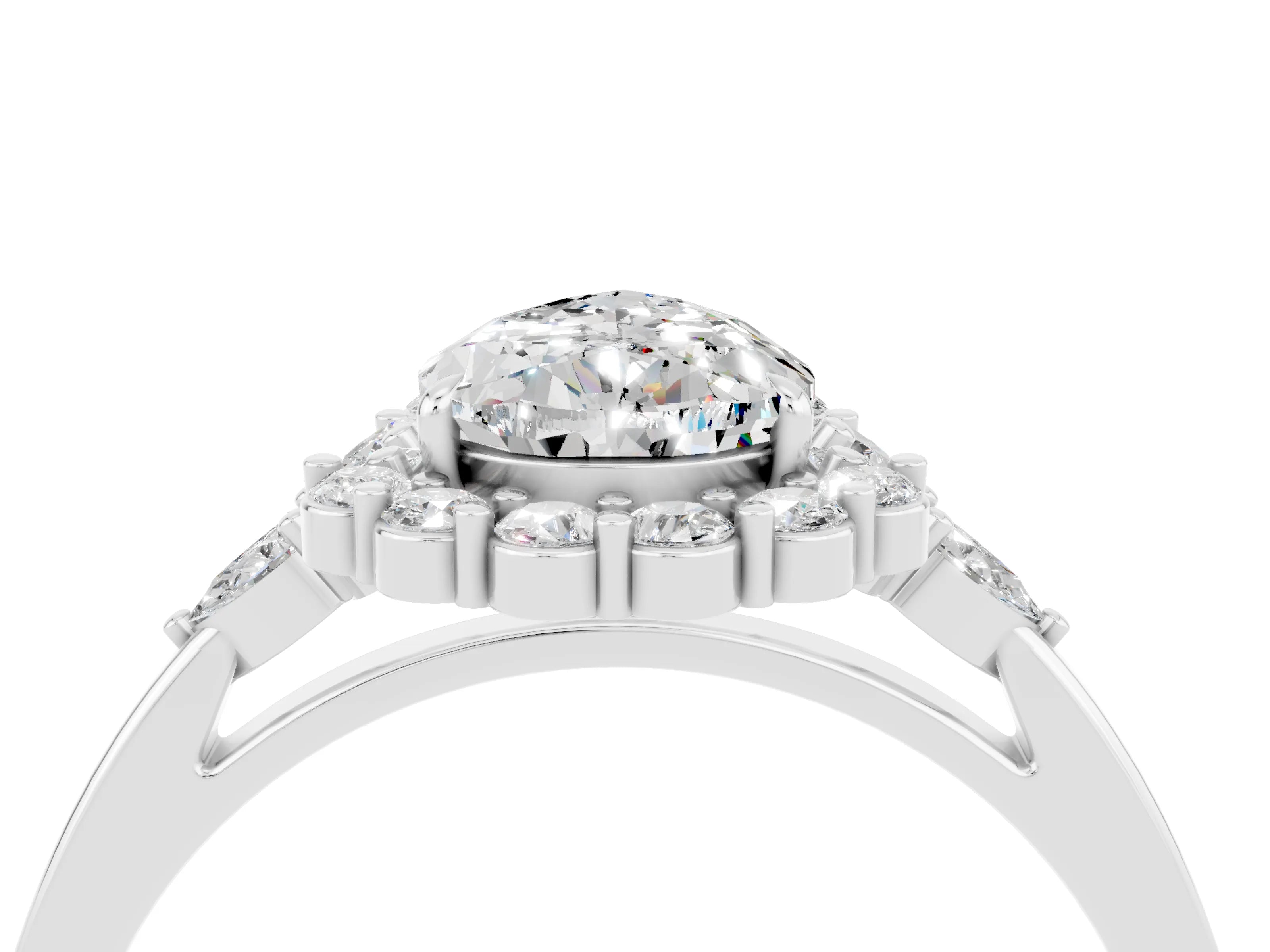 White gold Pear Cut Moissanite Halo Ring with Pear Side Stones and Prong Setting_16