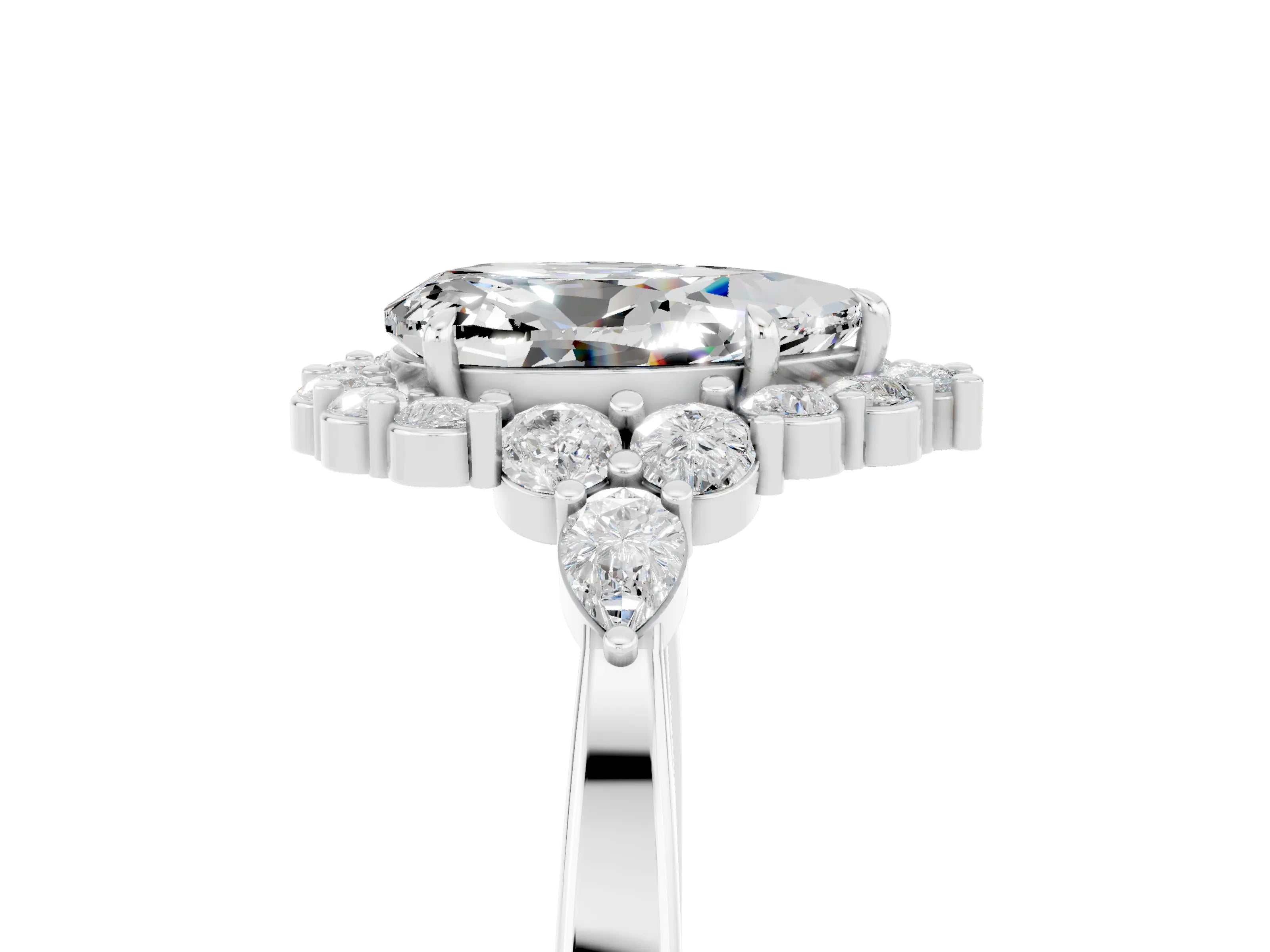 White gold Pear Cut Moissanite Halo Ring with Pear Side Stones and Prong Setting_17
