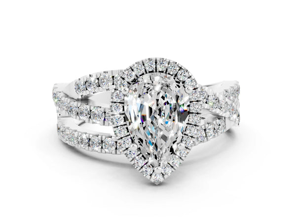 Platinum Pear Cut Moissanite Halo Ring with Round Split Shank and Prong Setting