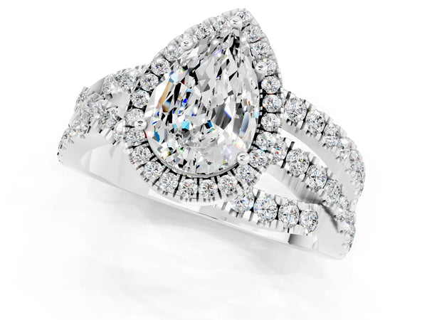 Platinum Pear Cut Moissanite Halo Ring with Round Split Shank and Prong Setting