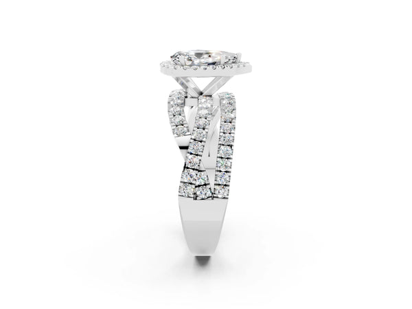 Platinum Pear Cut Moissanite Halo Ring with Round Split Shank and Prong Setting