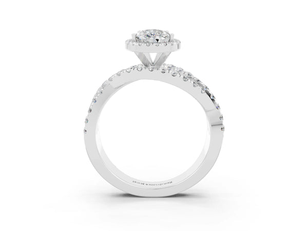 Platinum Pear Cut Moissanite Halo Ring with Round Split Shank and Prong Setting