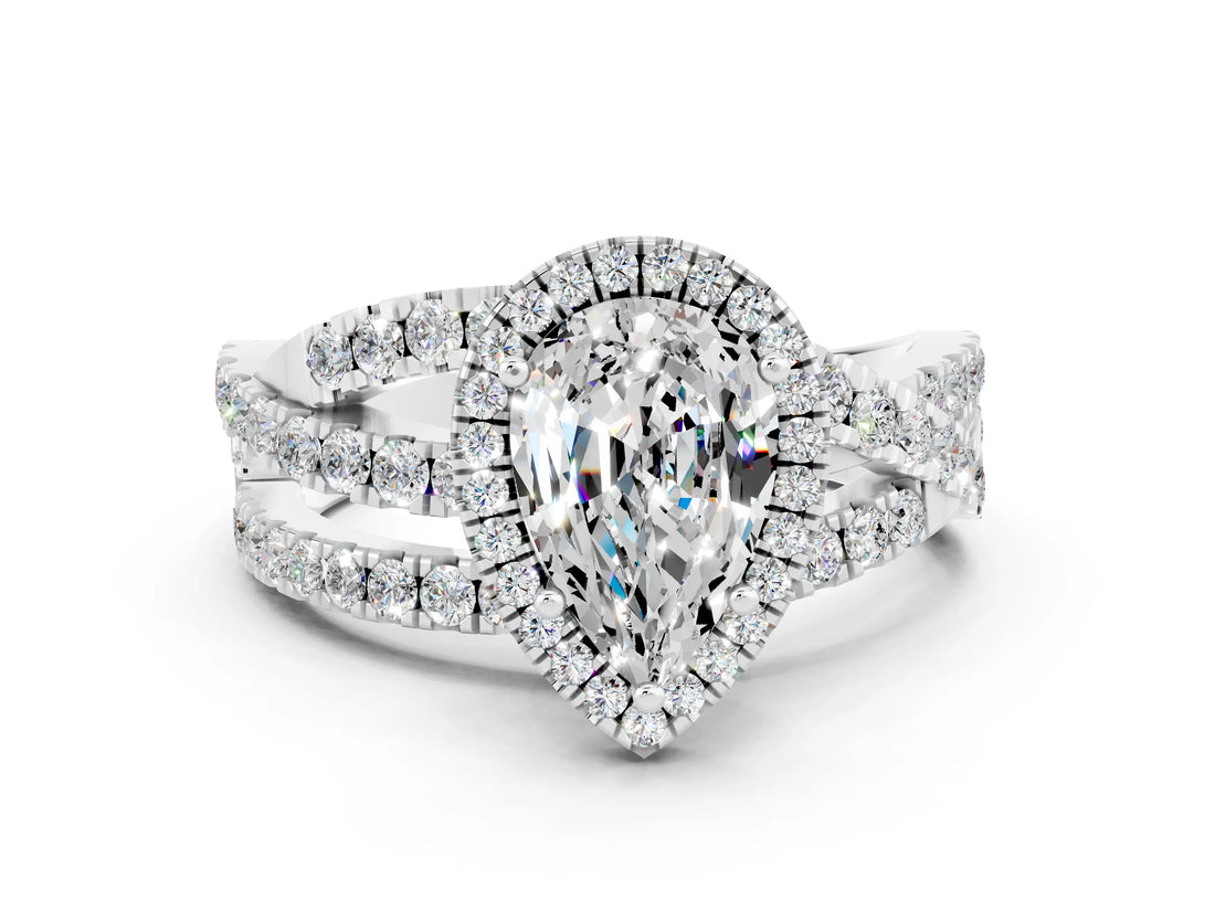 White gold Pear Cut Moissanite Halo Ring with Round Split Shank and Prong Setting_66