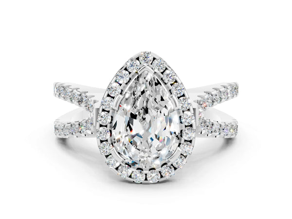 White gold Pear Cut Moissanite Halo Ring with Split Shank Pavé Band and Prong Setting