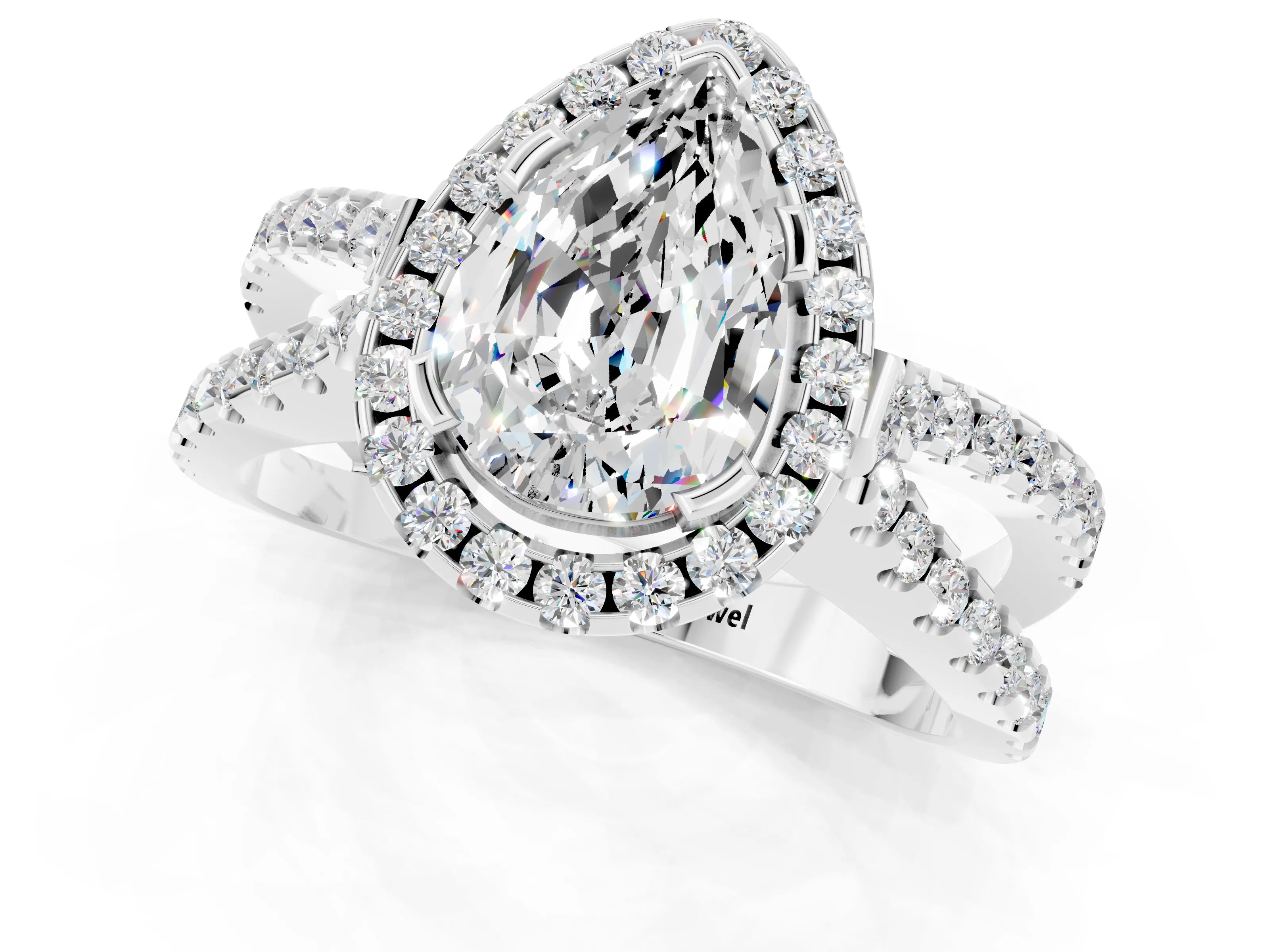 White gold Pear Cut Moissanite Halo Ring with Split Shank Pavé Band and Prong Setting_1