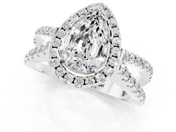 White gold Pear Cut Moissanite Halo Ring with Split Shank Pavé Band and Prong Setting