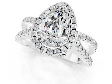 White gold Pear Cut Moissanite Halo Ring with Split Shank Pavé Band and Prong Setting_1