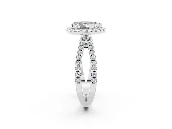 Platinum Pear Cut Moissanite Halo Ring with Split Shank Pavé Band and Prong Setting