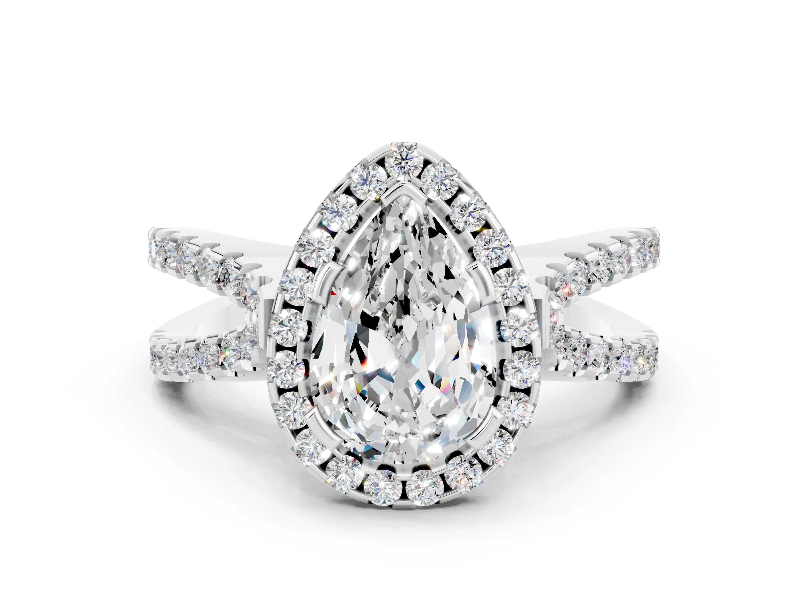White gold Pear Cut Moissanite Halo Ring with Split Shank Pavé Band and Prong Setting
