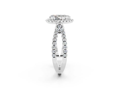 White gold Pear Cut Moissanite Halo Ring with Split Shank Pavé Band and Prong Setting_2
