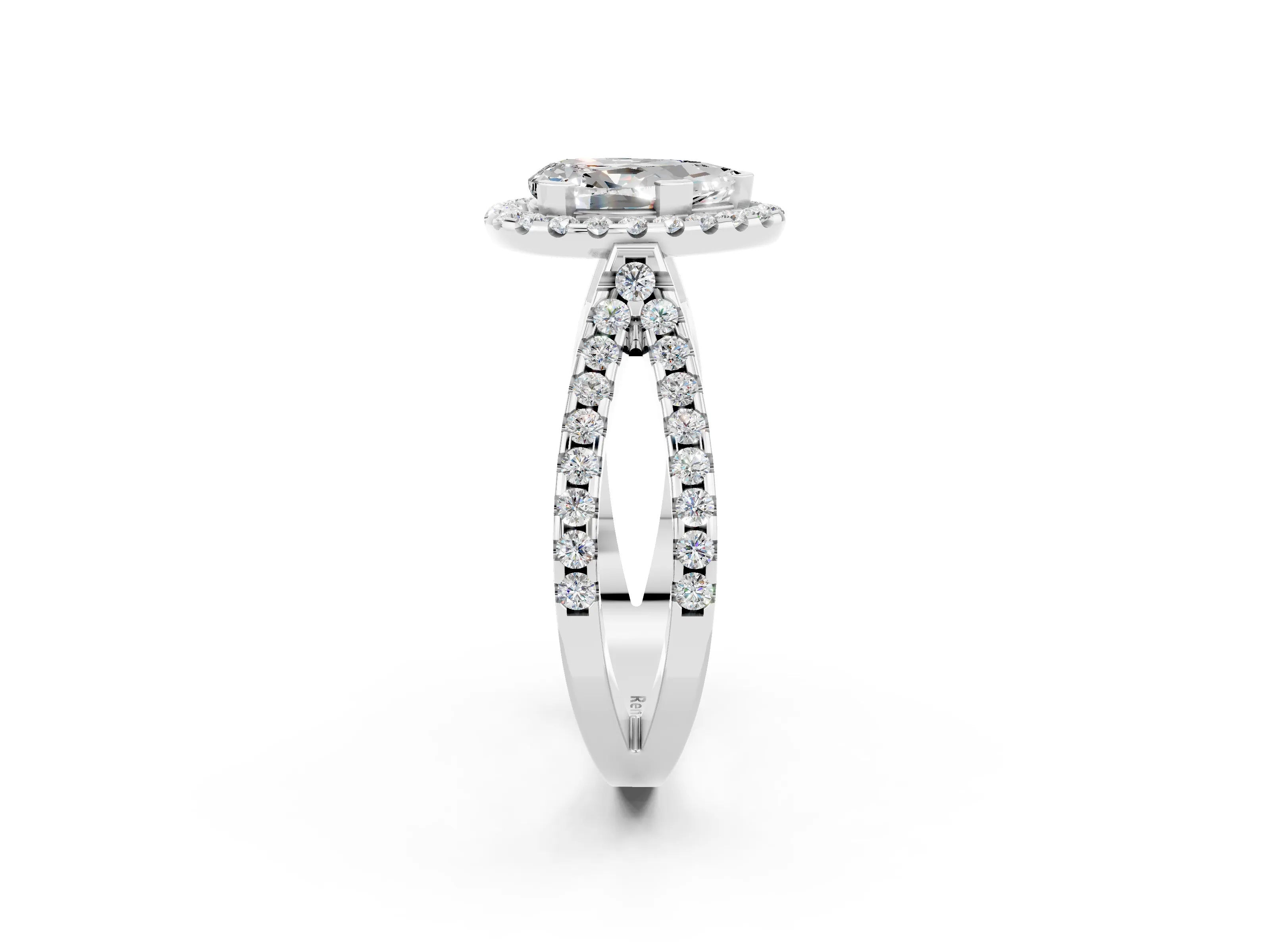 White gold Pear Cut Moissanite Halo Ring with Split Shank Pavé Band and Prong Setting_2