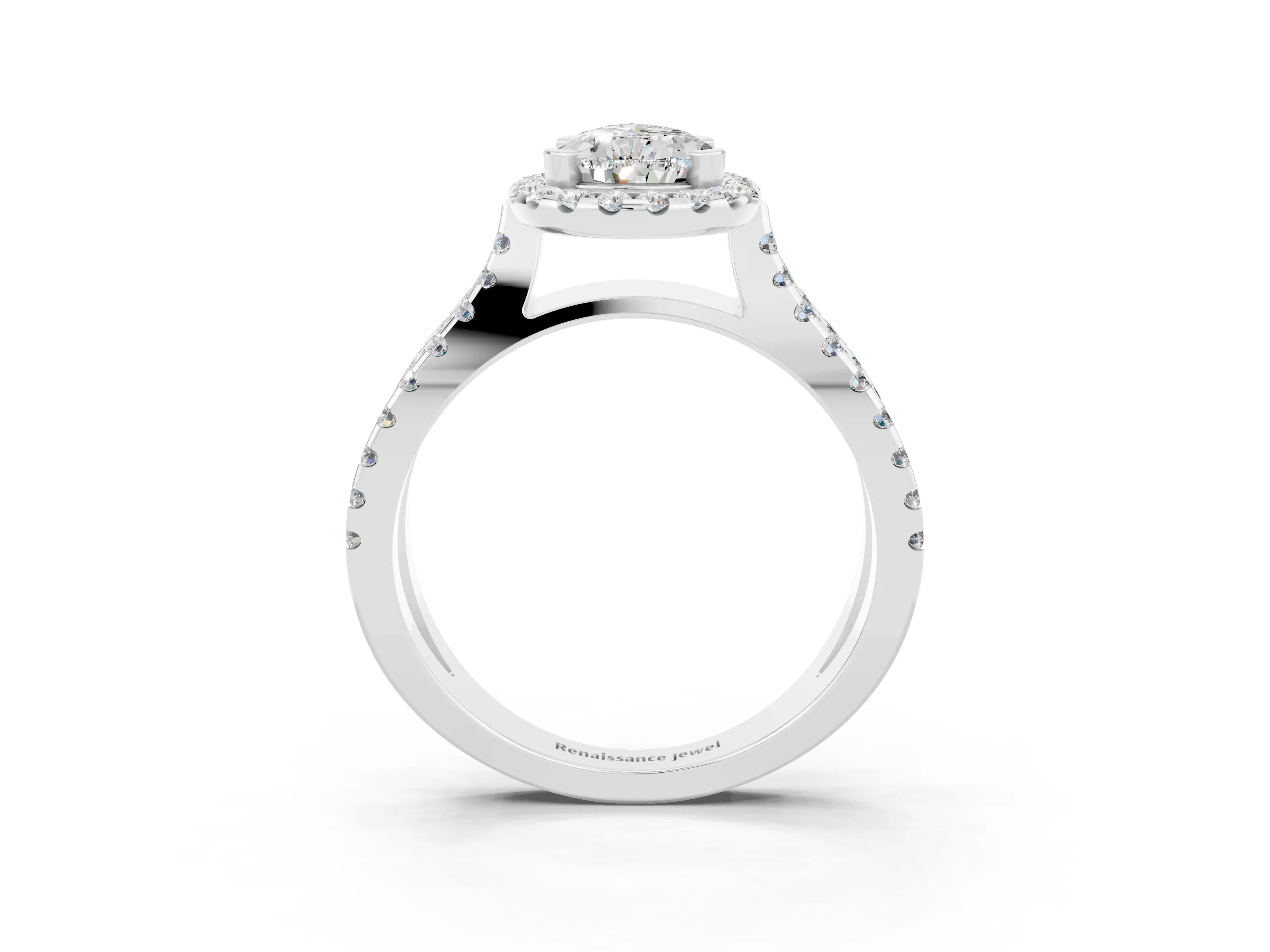 White gold Pear Cut Moissanite Halo Ring with Split Shank Pavé Band and Prong Setting_3