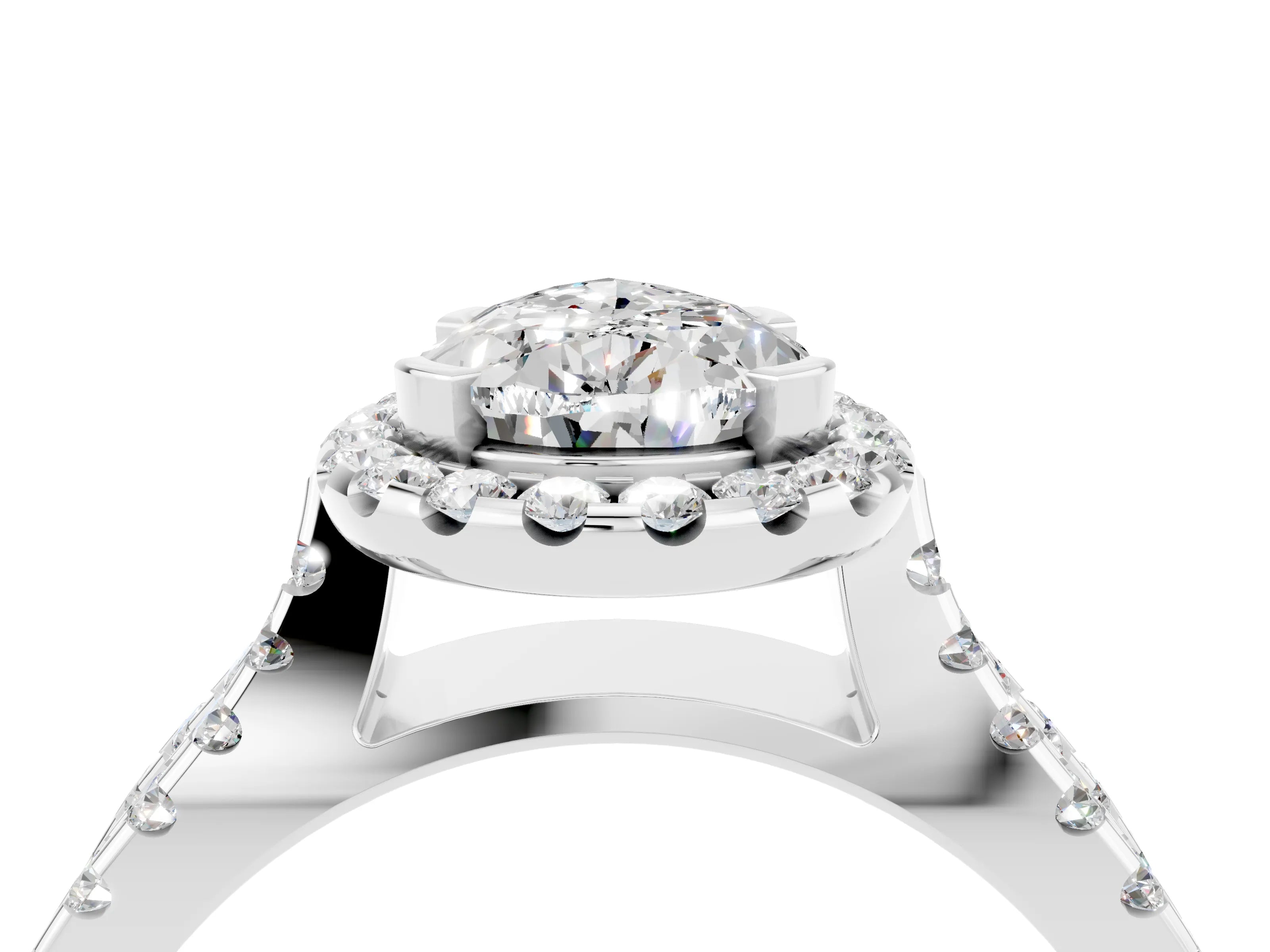 White gold Pear Cut Moissanite Halo Ring with Split Shank Pavé Band and Prong Setting_4