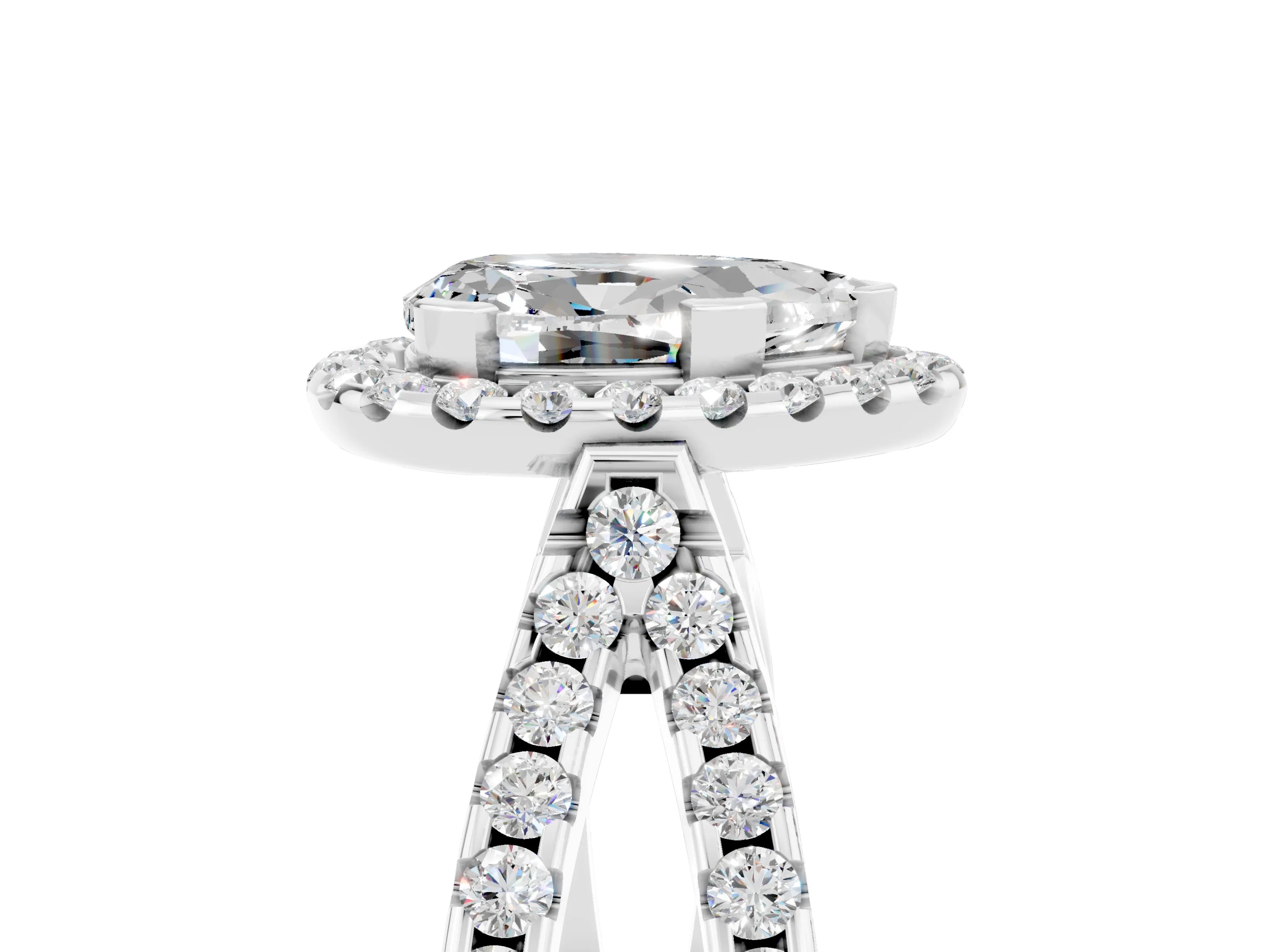 White gold Pear Cut Moissanite Halo Ring with Split Shank Pavé Band and Prong Setting_5