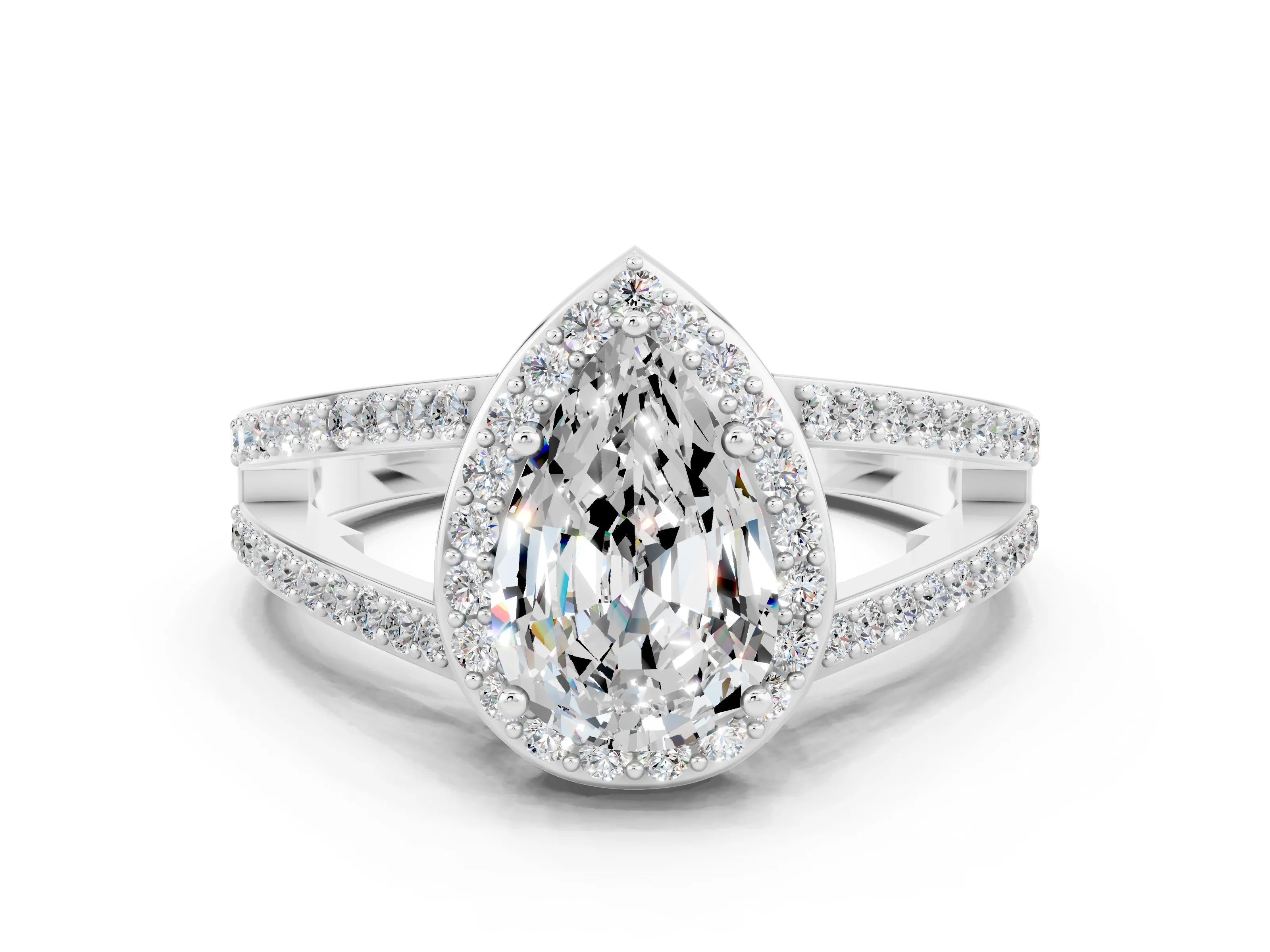 White gold Pear Cut Moissanite Halo Ring with Split Shank U-Prong Band and Four-Prong Setting