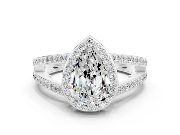 Platinum Pear Cut Moissanite Halo Ring with Split Shank U-Prong Band and Four-Prong Setting