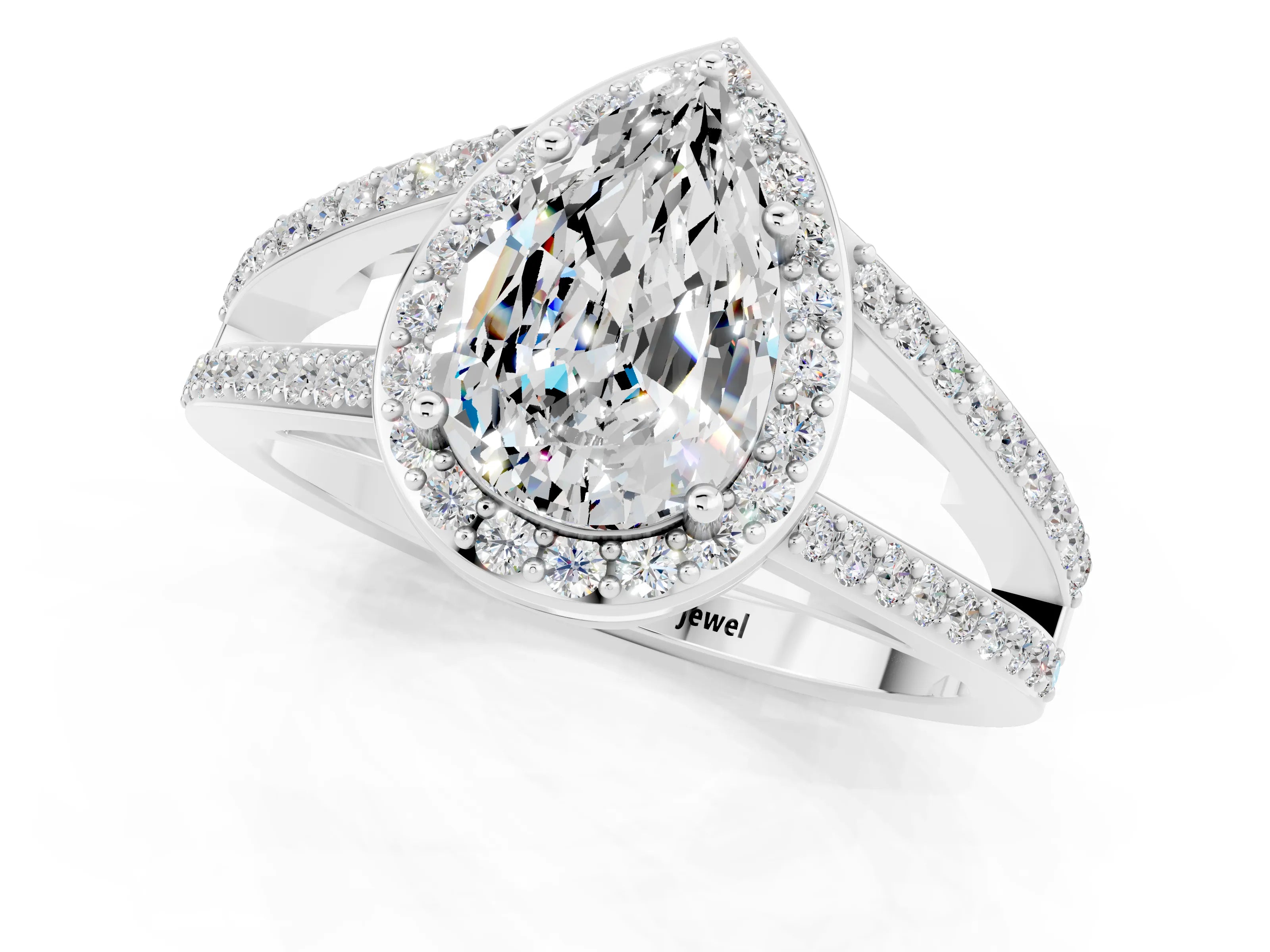 White gold Pear Cut Moissanite Halo Ring with Split Shank U-Prong Band and Four-Prong Setting_1
