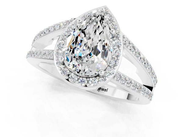 White gold Pear Cut Moissanite Halo Ring with Split Shank U-Prong Band and Four-Prong Setting