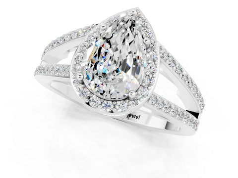 White gold Pear Cut Moissanite Halo Ring with Split Shank U-Prong Band and Four-Prong Setting_1