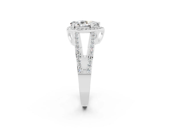 Platinum Pear Cut Moissanite Halo Ring with Split Shank U-Prong Band and Four-Prong Setting