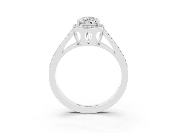 Silver Pear Cut Moissanite Halo Ring with Split Shank U-Prong Band and Four-Prong Setting