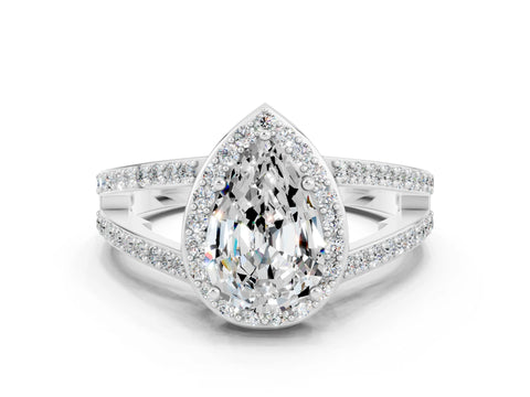 White gold Pear Cut Moissanite Halo Ring with Split Shank U-Prong Band and Four-Prong Setting