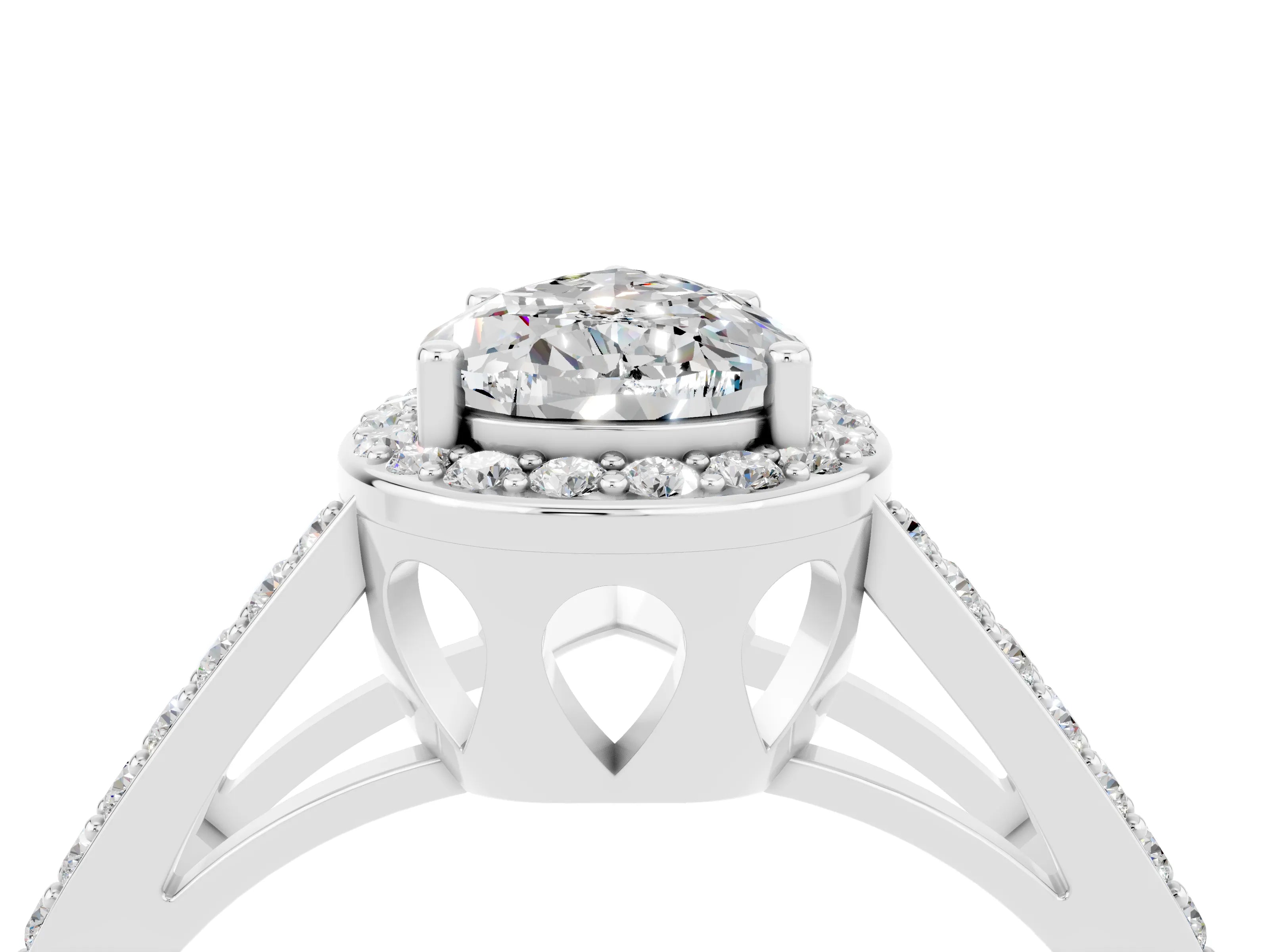 White gold Pear Cut Moissanite Halo Ring with Split Shank U-Prong Band and Four-Prong Setting_4