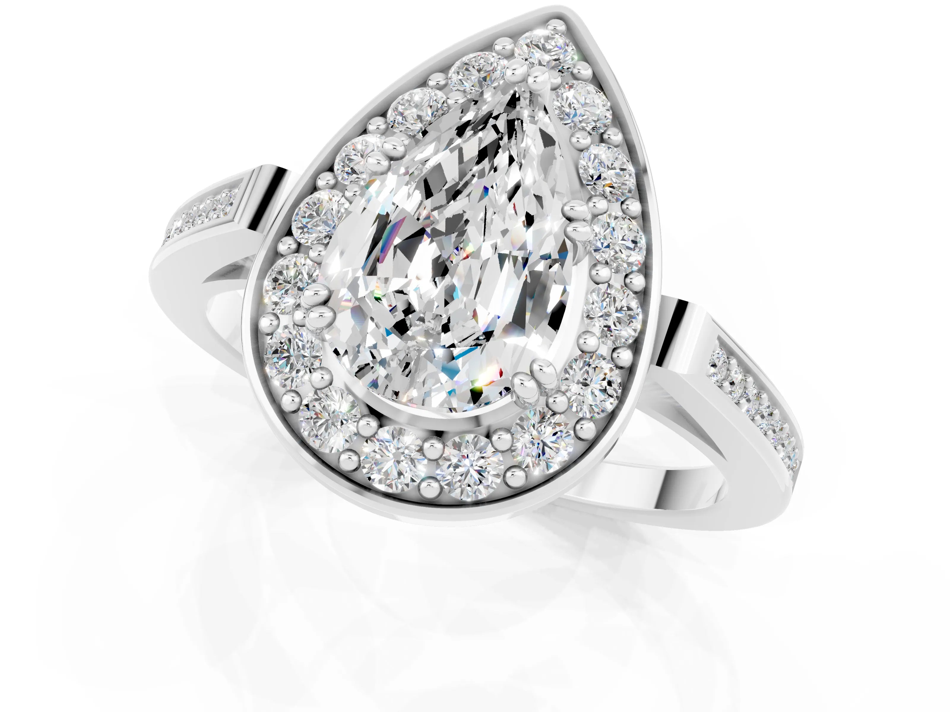 White gold Pear Cut Moissanite Halo Ring with Split Shank and Four-Prong Setting_1