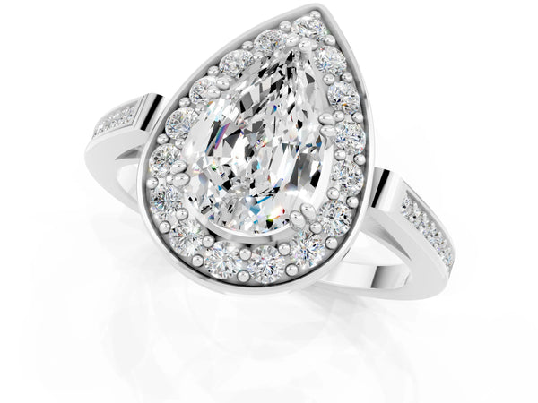 Silver Pear Cut Moissanite Halo Ring with Split Shank and Four-Prong Setting