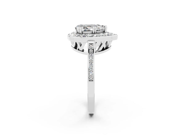 Platinum Pear Cut Moissanite Halo Ring with Split Shank and Four-Prong Setting