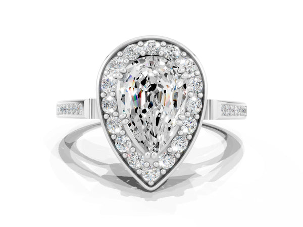 Silver Pear Cut Moissanite Halo Ring with Split Shank and Four-Prong Setting