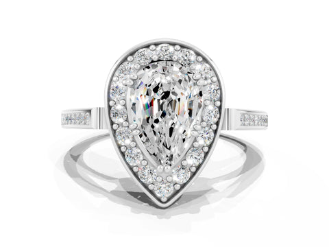 White gold Pear Cut Moissanite Halo Ring with Split Shank and Four-Prong Setting
