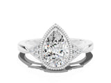 White gold Pear Cut Moissanite Halo Ring with Tapered Band and Four-Prong Setting