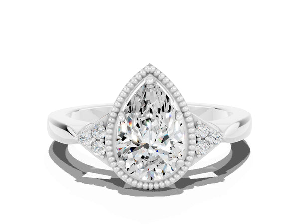 Platinum Pear Cut Moissanite Halo Ring with Tapered Band and Four-Prong Setting