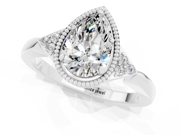 Platinum Pear Cut Moissanite Halo Ring with Tapered Band and Four-Prong Setting